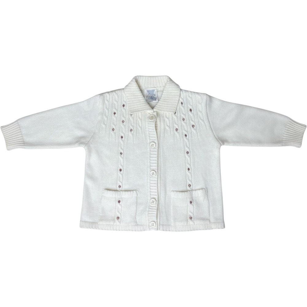 Vintage Nann-Knit Girls 2T Cream Cable Knit Cardigan Pink Floral Embroidered